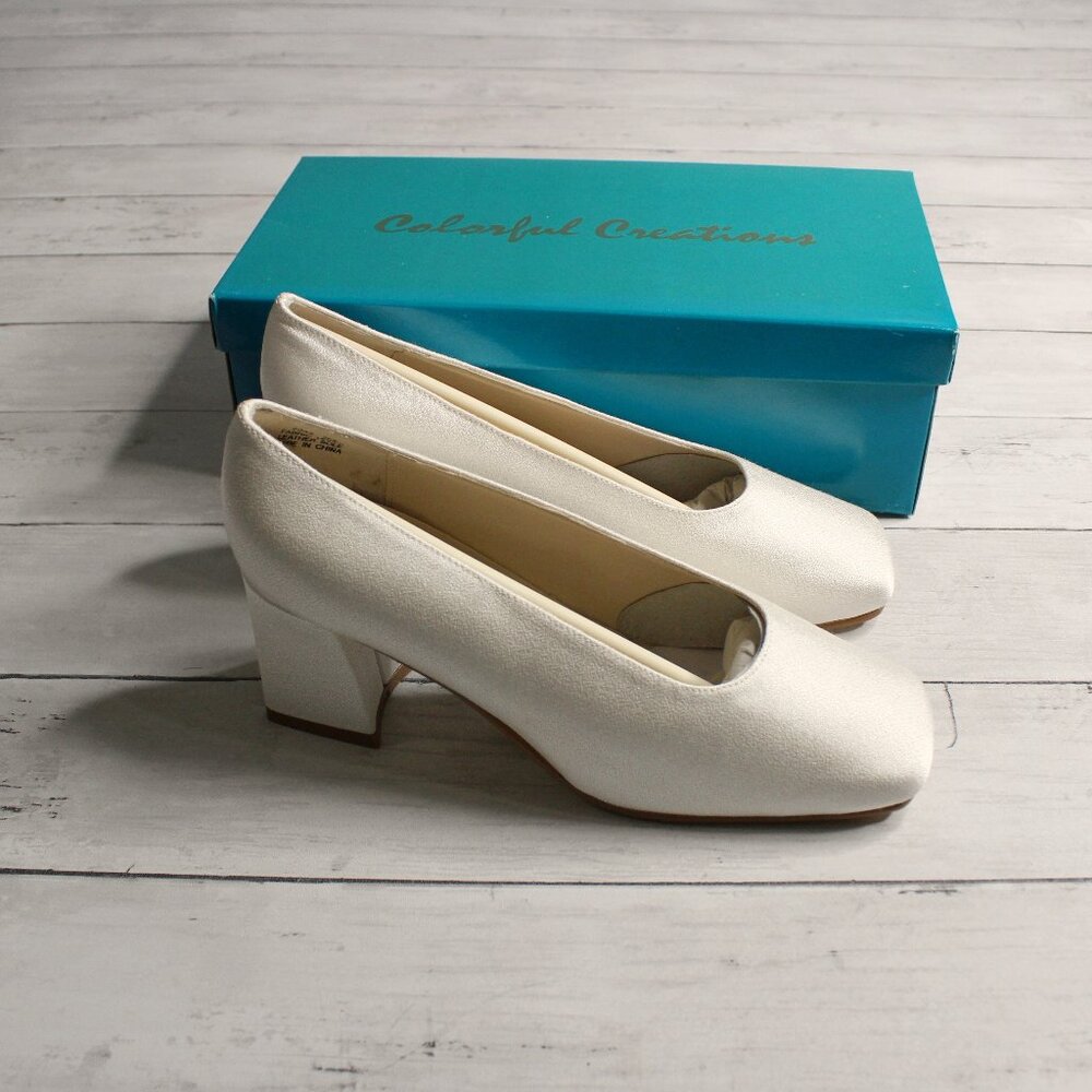 Colorful Creations Women's Size 8 D Wide White Pumps Dyeable Satin Fabric